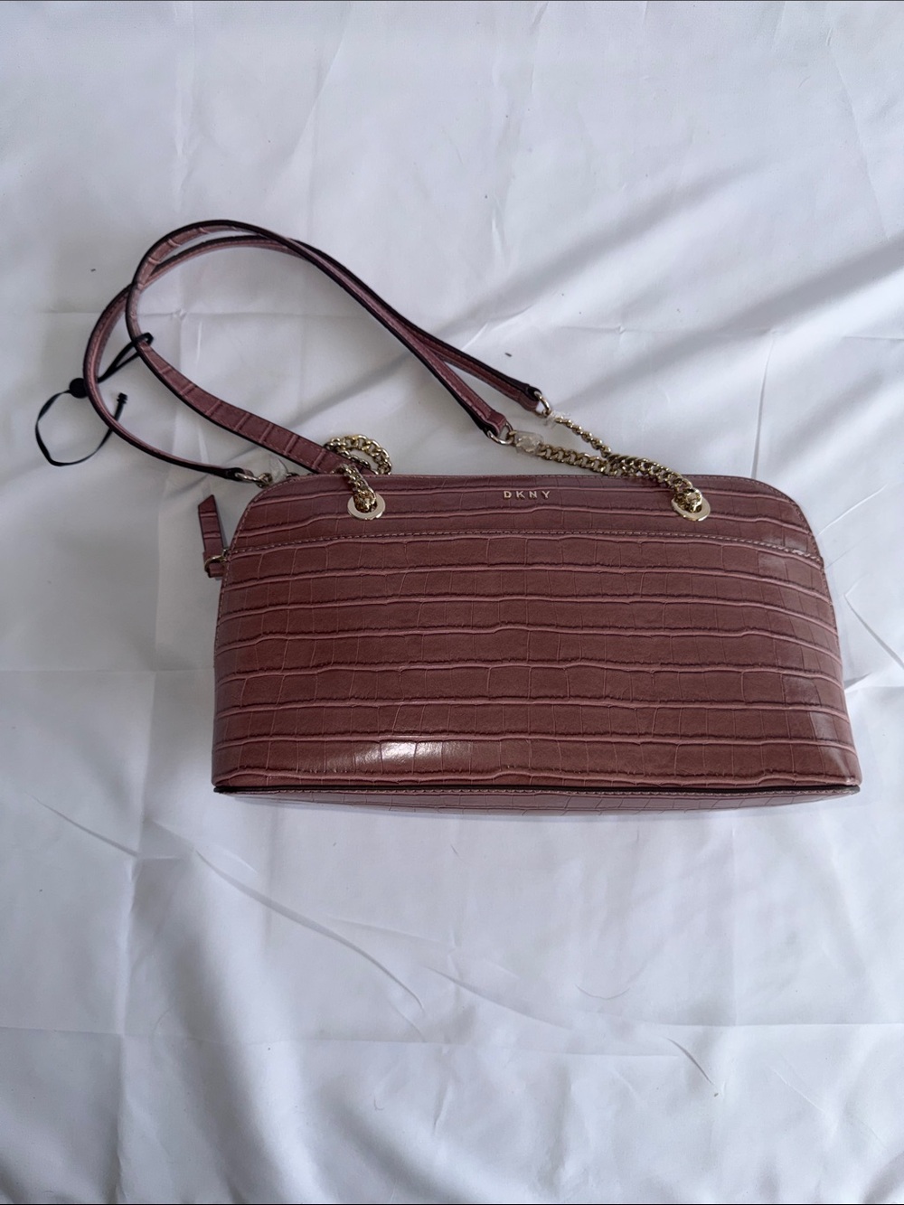DKNY Croc-Embossed Mauve Shoulder Bag with Gold Chain
